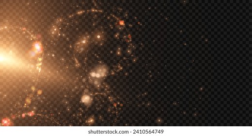 Gold dust light bokeh. Christmas glowing bokeh and glitter overlay texture for your design on a transparent background. Golden particles abstract vector background.	
