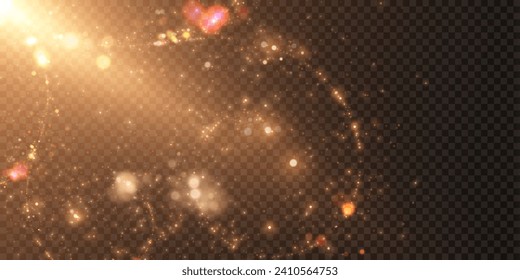 Gold dust light bokeh. Christmas glowing bokeh and glitter overlay texture for your design on a transparent background. Golden particles abstract vector background.	
