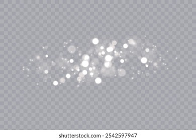 Gold dust light bokeh. Christmas glowing bokeh and glitter overlay texture for your design on a transparent background. Golden particles abstract vector background.