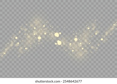 Gold dust light bokeh. Christmas glowing bokeh and glitter overlay texture for your design on a transparent background. Golden particles abstract vector background.