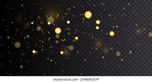 Bokeh de luz de polvo de oro. Navidades brillantes bokeh y brillo superpuesto textura para su diseño sobre un fondo transparente. Fondo de Vector abstracto de partículas doradas.