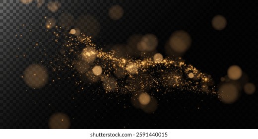 Gold dust light. Bokeh glow lights lights background effect. Christmas background glowing dust Christmas glowing lights bokeh light confetti and glitter texture overlay for your design.	
