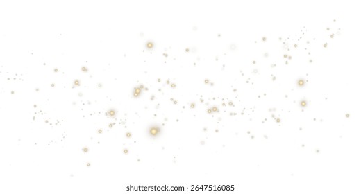 Gold Dust Light Effect PNG. Glowing Christmas Bokeh Background with Yellow Flickering Shine, Confetti Particles, and Shimmering Golden Stars on Transparent Background.