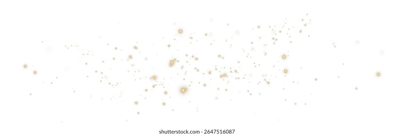 Gold Dust Light Effect PNG. Glowing Christmas Bokeh Background with Yellow Flickering Shine, Confetti Particles, and Shimmering Golden Stars on Transparent Background.