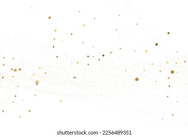 Gold dust, light gold glitter round confetti background. White festive texture. Vector