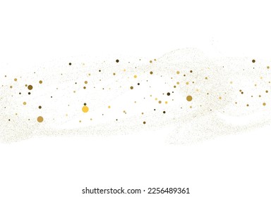 Gold dust, light gold glitter round confetti background. White festive texture. Vector