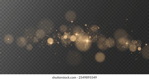 Gold dust light png. Bokeh glow lights lights background effect. Christmas background glowing dust Christmas glowing lights bokeh light confetti and glitter texture overlay for your design.	