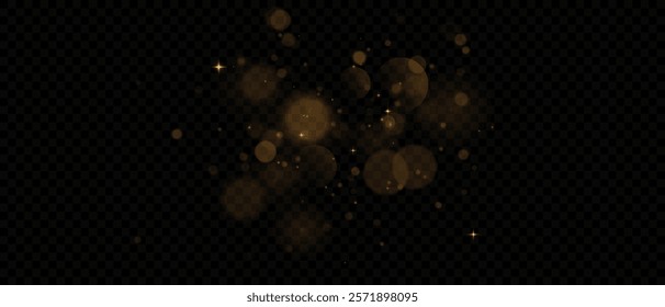 Gold dust light png. Yellow Bokeh light effect. Festive Designs. White png dust light. Bokeh glowing effect background. Holiday glowing spark confetti and spark overlay for cards, banners, and ads.