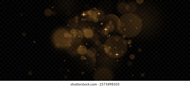 Gold dust light png. Yellow Bokeh light effect. Festive Designs. White png dust light. Bokeh glowing effect background. Holiday glowing spark confetti and spark overlay for cards, banners, and ads.