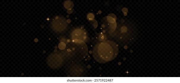 Gold dust light png. Yellow Bokeh light effect. Festive Designs. White png dust light. Bokeh glowing effect background. Holiday glowing spark confetti and spark overlay for cards, banners, and ads.