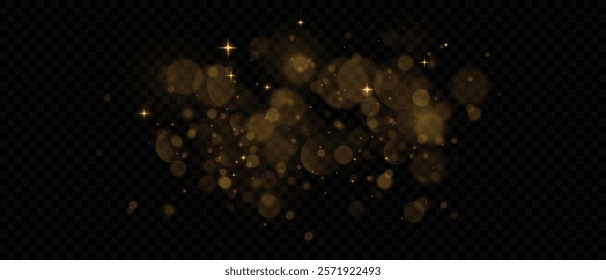 Gold dust light png. Yellow Bokeh light effect. Festive Designs. White png dust light. Bokeh glowing effect background. Holiday glowing spark confetti and spark overlay for cards, banners, and ads.