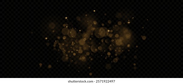 Gold dust light png. Yellow Bokeh light effect. Festive Designs. White png dust light. Bokeh glowing effect background. Holiday glowing spark confetti and spark overlay for cards, banners, and ads.