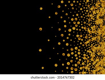 Gold Dust Light Vector Black Background. Shiny Confetti Invitation. Yellow Sequin Effect Texture. Polka Golden Banner.
