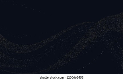 Gold dust on a black background. Small particles, Golden glitter, confetti, sequins in the form of moving waves. Luxury pattern. Vector illustration