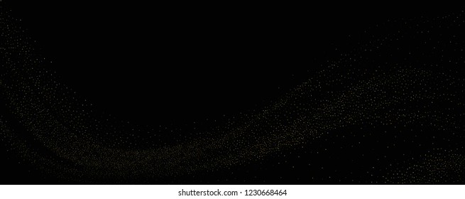 Gold dust on a black background. Small particles, Golden glitter, confetti, sequins in the form of moving waves. Luxury pattern. Vector illustration