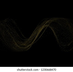 Gold dust on a black background. Small particles, Golden glitter, confetti, sequins in the form of moving waves. Luxury pattern. Vector illustration