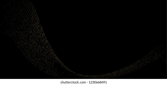 Gold dust on a black background. Small particles, Golden glitter, confetti, sequins in the form of moving waves. Luxury pattern. Vector illustration