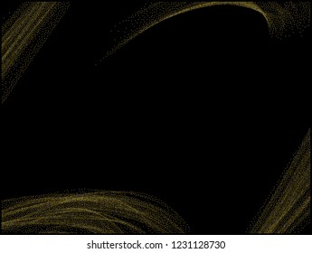 Gold dust on a black background. Small particles, Golden glitter, confetti, sequins in the form of moving waves. Luxury pattern. Vector illustration