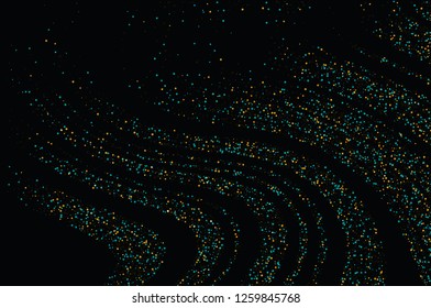 Gold dust on a black background. Small particles, Golden glitter, confetti, sequins in the form of moving waves. Luxury pattern. Vector illustration