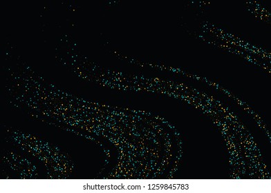 Gold dust on a black background. Small particles, Golden glitter, confetti, sequins in the form of moving waves. Luxury pattern. Vector illustration
