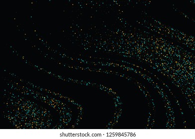 Gold dust on a black background. Small particles, Golden glitter, confetti, sequins in the form of moving waves. Luxury pattern. Vector illustration