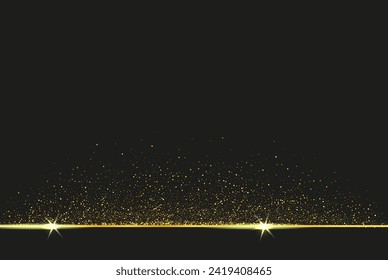 Polvo dorado sobre fondo negro y banda dorada horizontal con brillo, diseño de afiches sobre fondo negro con elementos de polvo dorado