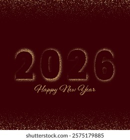 Gold dust on a black background, text design for the New Year 2026 on a red background