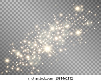Gold dust on transparent background. Shining golden sparks and stars. Magic lights template. Luxury sparkling elements. Glowing particles and glare. Vector illustration.