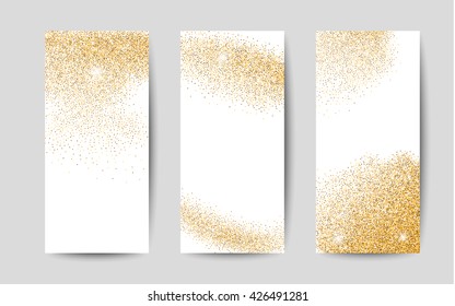 Gold Dust On White Background. Abstract Golden Vector Banners. Gold Shiny Sparkles. Festive Holiday Flyers.