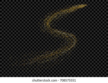 Gold dust particles. Glitter sparkle trail on transparent checkered background. Vector illustration