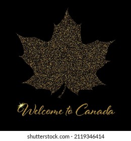 Gold dust particles maple leaf, welcome to Canada, beautiful element for brochure template, poster