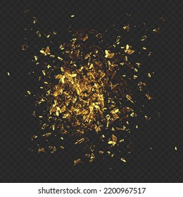 Gold dust particles on transparent black background.