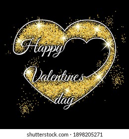 Gold dust with sparkles. Black sheet of paper in the form of a heart, place for text. Valentine's day background. Happy Valentine's Day card. Vector illustration. Glossy template for holiday.
