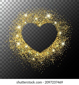 Gold dust with sparkles. Transparent background, form of a heart, place for text. Valentine's day background. Happy Valentine's Day card. Vector illustration. Glossy template for holiday.