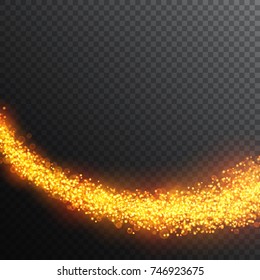 Gold dust with sparkling glitter particles. Fiery sparks wave. 