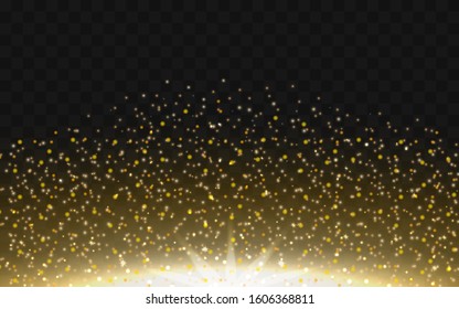Gold dust sparkling powder isolated on a transparent background. Gold dust, a glowing sparkling particle of powder rises from below. Vector illustration of bright yellow particles fly up.