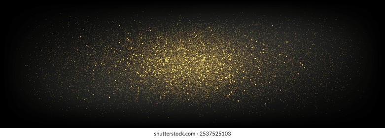 Goldstaub Sterne ovale Wolke auf dunklem Farbverlauf BG. Leuchtende Rauschtextur. Festlich funkelnder Luxus-Hintergrund. Vektorgrafik mit Overlay-Effekt von schimmerndem Pulver mit elliptischem Spotlight