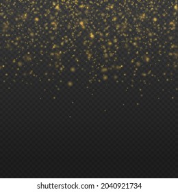 Gold dust texture and twinkling star lights. Bright light glow bokeh background. Glitter particles overlay effect. Sparkling magical dust particles. Spark particle texture. Vector illustration.