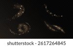 Gold dust trails with shining and sparkling and shimmering glitter particles. Set of vector circular, wavy magical paths of light golden powder isolated on dark transparent background