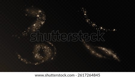 Gold dust trails with shining and sparkling and shimmering glitter particles. Set of vector circular, wavy magical paths of light golden powder isolated on dark transparent background