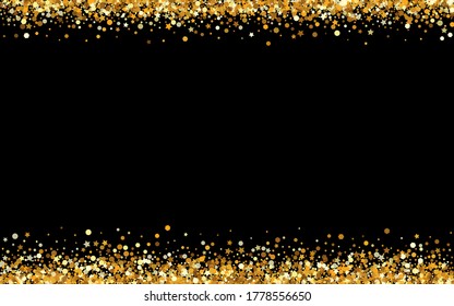 Gold Dust Transparent Black Background. Isolated Confetti Texture. Yellow Dot Bright Wallpaper. Round Modern Background.