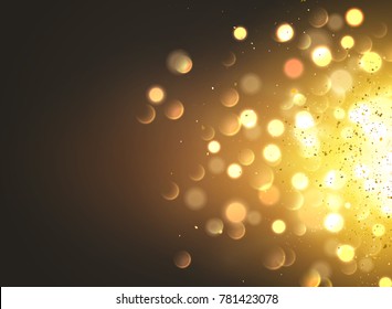 Gold dust vector bokeh light background. Abstract glitter bokeh christmas bright decoration design.