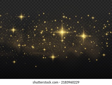 Gold dust. Yellow sparks shine light effect. Vector sparkles on a transparent background. Christmas abstract smoke and wind pattern. Shiny fairy dust particles with smoke and star in yellow color.
