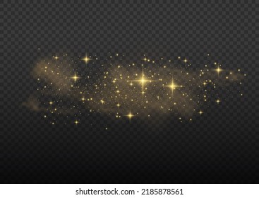 Gold dust. Yellow sparks shine light effect. Vector sparkles on a transparent background. Christmas abstract smoke and wind pattern. Shiny fairy dust particles with smoke and star in yellow color.