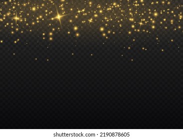 Gold dust. Yellow sparks shine light effect. Vector sparkles on a transparent background. Christmas abstract smoke and wind pattern. Shiny fairy dust particles with smoke and star in yellow color.