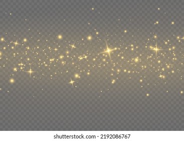 Gold dust. Yellow sparks shine light effect. Vector sparkles on a transparent background. Christmas abstract smoke and wind pattern. Shiny fairy dust particles with smoke and star in yellow color.