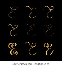 Gold E Letter Initial Cursive Hand Written Calligraphic Alphabet Set for Logo Brand