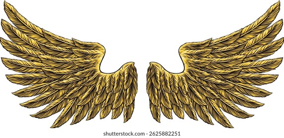 Gold eagle, angel or similar wings in a tattoo illustration vintage woodcut etching style