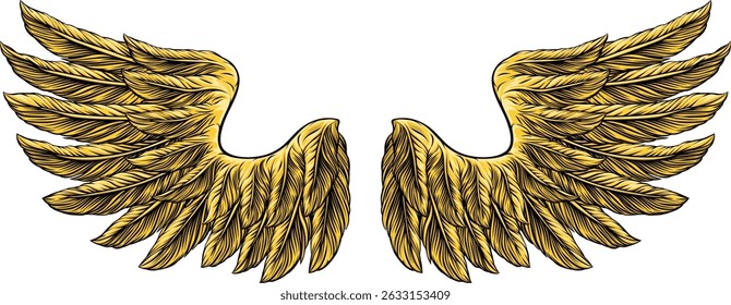 Gold eagle, angel or similar wings in a tattoo illustration vintage woodcut etching style