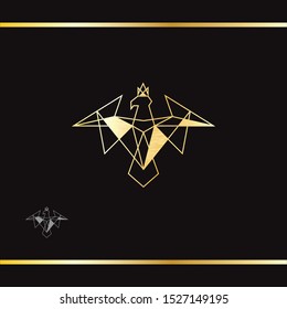 Gold eagle with a crown on the head. Modern heraldic symbol. Polygonal geometric style. Vector logo design template.